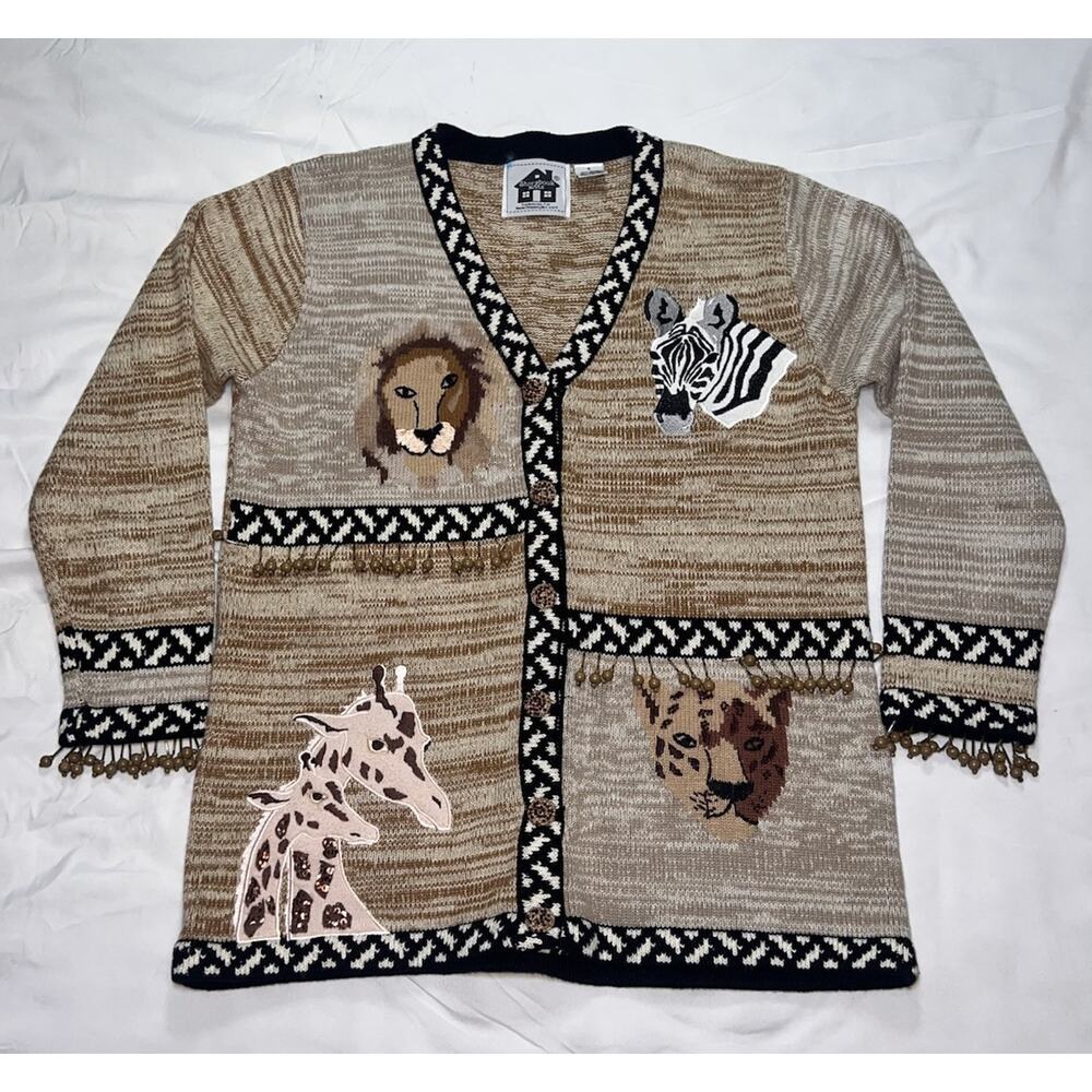 Storybook Knits Cardigan Sweater Womens Size S Safari Beaded Teacher Grandma 90s